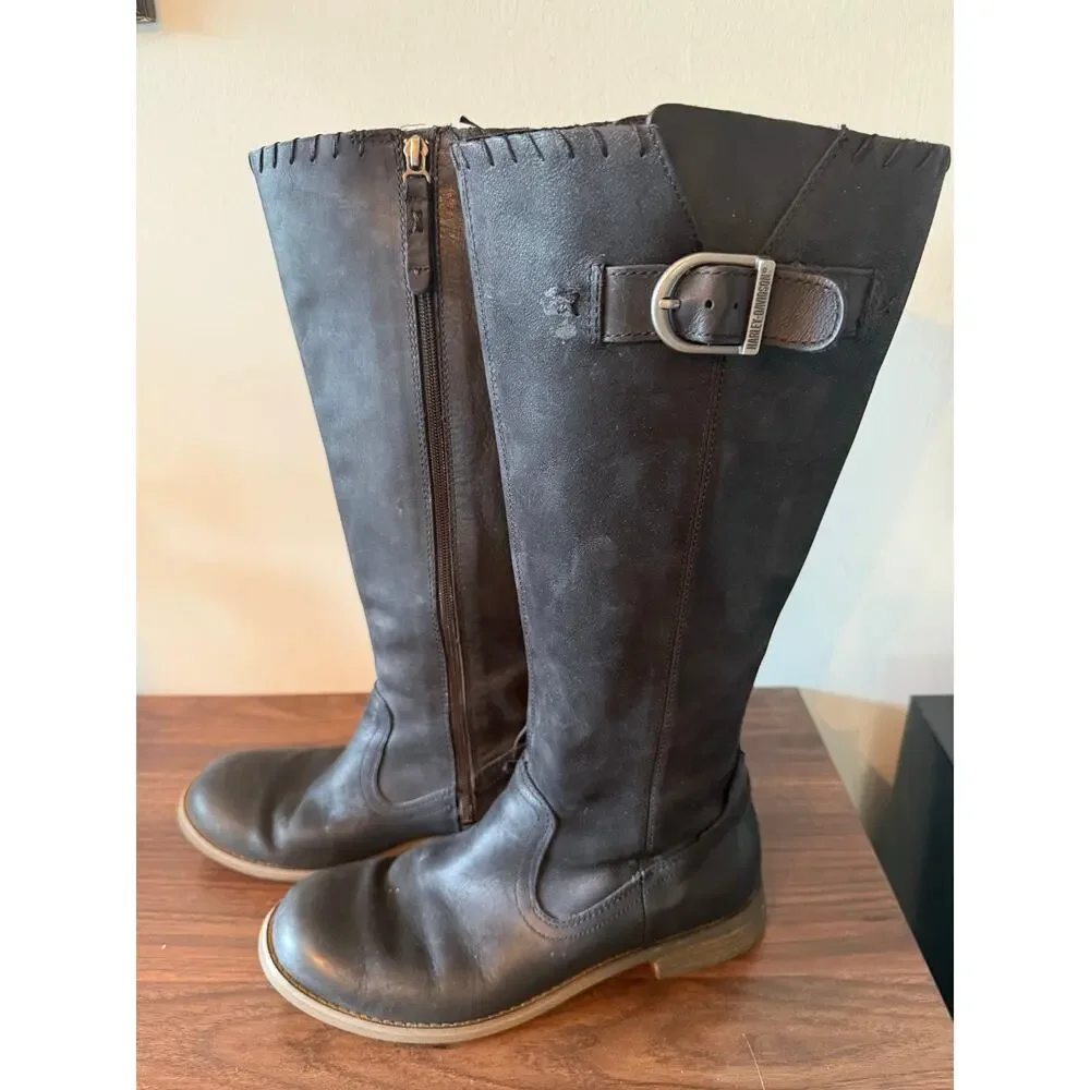 Harley Davidson Black Tall Round Toe Leather Riding Boots Womens Size 10